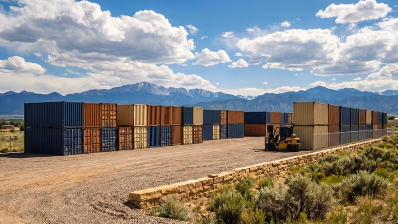 The Centennial used shipping container yard with the Front Range behind
