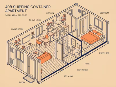 One-bedroom floor plan for a 40ft container