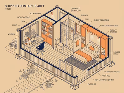 Dual-use office and guest floor plan for a 40ft container