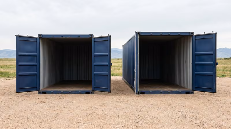 A 20ft and a 40ft shipping container side by side for size comparison